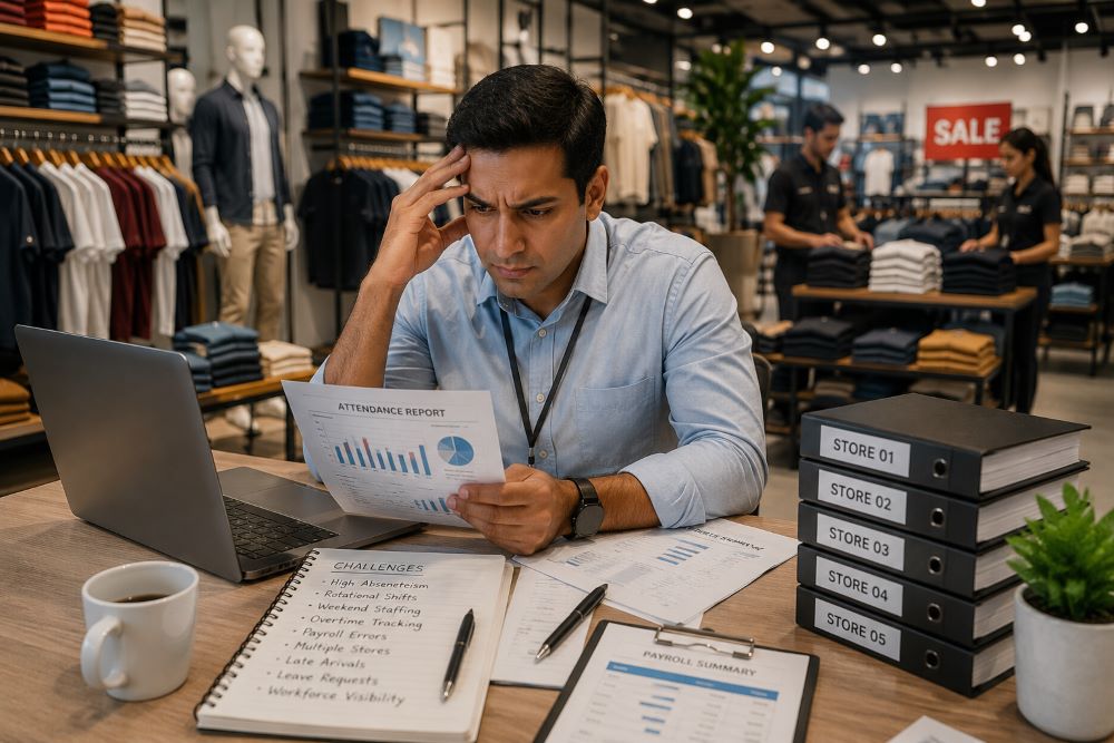 Attendance and payroll software dashboard for retail businesses and showrooms
